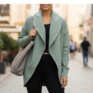 YOGALICIOUS LUX Size L Scuba Milano Cardigan Shawl Collar Open Front Sage Green